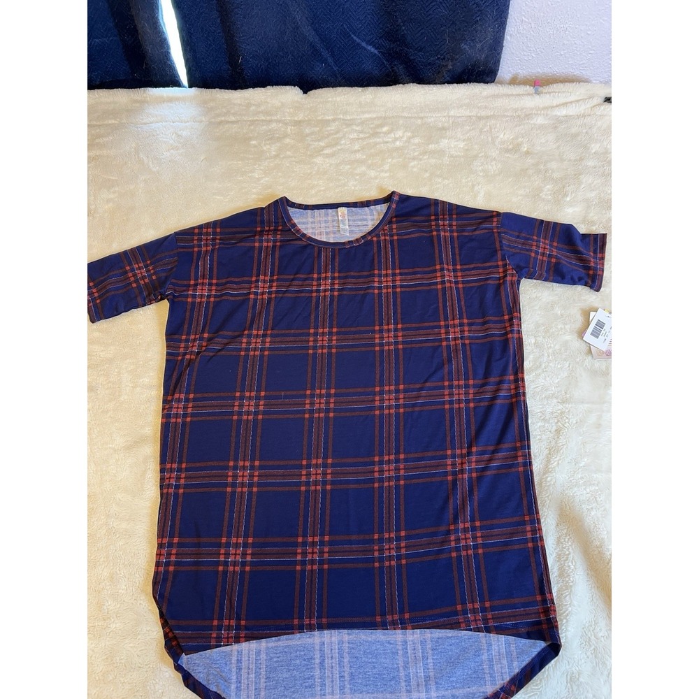 LuLaRoe Irma Top XS Blue Red Plaid Tartan High Low Hem Short Sleeve Blouse